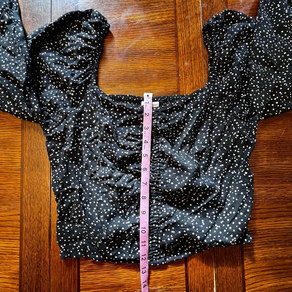 A New Day Boho Black White Balloon Sleeve Blouse Ruched Crop Top Size Medium - Picture 9 of 12